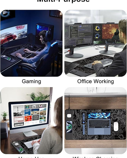 TopMade Mouse Pad with 15W Fast Wireless Charging, 31.5"x15.75" XXL Large Gaming Waterproof Desk Pad with Ultra-Smooth Surface, Non-Slip Base, Computer Desk Mat, Black Topographic Map #3