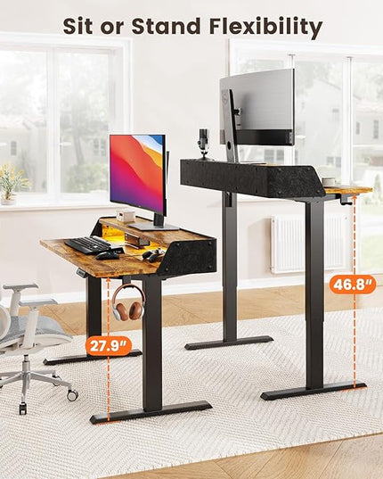 ErGear Standing Desk with LED Strip, 48″ x 24″ Electric Height Adjustable RGB Gaming Table with Shelf, Sit Stand Desk with Dual Cable Holes, C-Clamp Mount Compatible, 4 Preset Heights, Vintage Brown