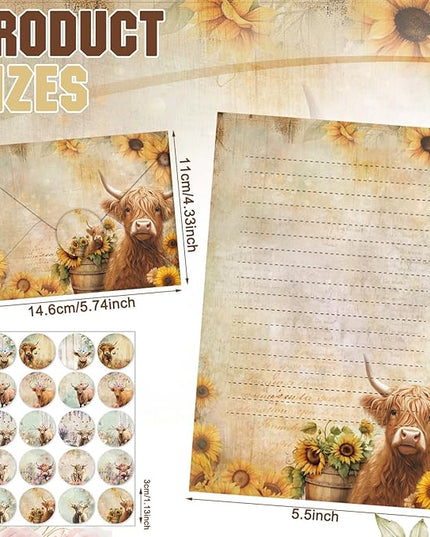TaoBary 160 Pcs Stationery Paper Set 50 Double Sided Stationery Papers with 50 Matching Envelopes and 60 Round Dot Sticker, 10 Design(Floral Highland Cow,5.5 x 8.25 Inch)