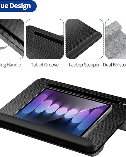 Besign LT08 Laptop Stand, Portable Lap Desk with Pillow Cushion, Fits up to 14 inch Laptop, with Anti-Slip Strip for Desk, Sofa & Bed, Black and Gray