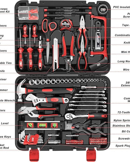 Prostormer 259-Piece Tool Kit, General Household Hand Tool Set with Plastic Storage Toolbox, Portable Complete Repair Tool Box for Home and Car (Red)
