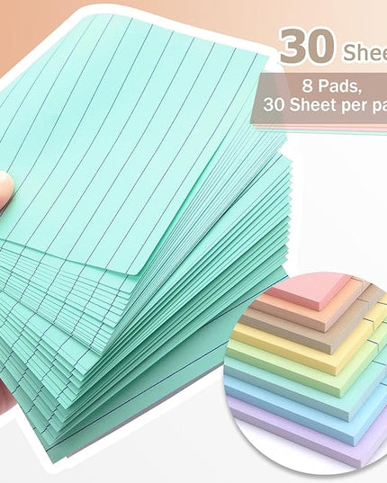 4x6 Inch Lined Sticky Notes, 8 Pack, Light Colors, Premium Self-Adhesive Notepads, Large Sticky Pads for Office, School & Home Use, Easy to Use, Reusable & Removable