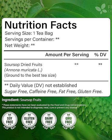 FreshDrinkUS, 60 Premium Soursop Graviola Fruit Tea Bags, 100% Natural and Pure from Soursop Fruits, Made With Natural Materials-Corn Fiber Tea Bag, Sugar/Caffeine/Gluten Free, Hoja Guanabana Tea