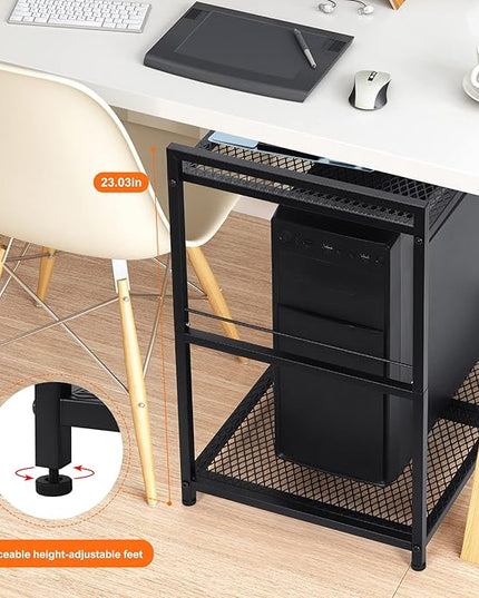 YBING Computer Tower Stand, PC Tower Stand Metal Mobile CPU Holder Stand Cart with Caster Wheels 2 Tier Rolling Printer Cart Under Desk for Fax Home Office Black