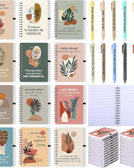 Kosiz 24 Pcs/12 Set Positive Affirmation Gifts Gratitude Spiral Notebooks with Pens Motivational Encouragement Notepads Daily Affirmations Journal for Women Valentine Galentine Gifts (Plant)