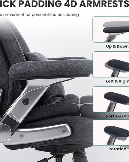 750lbs Heavy Duty Desk Chair with 3D Kneading Massage, Big and Tall Office Chairs with Ergonomic Support, 4D Armrests, 5 Quiet Dual Rubber Wheel, Thick Spring Cushion(Black-Fabric)