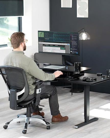 VIVO 42 inch Desk Converter, K Series, Height Adjustable Sit to Stand Riser, Dual Monitor and Laptop Workstation with Wide Keyboard Tray, Black Carbon Fiber Top, Black Frame, DESK-V042KR