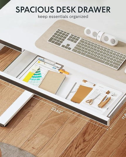 FLEXISPOT One-Piece 48" Standing Desk with Acrylic-Front Drawer, Fast-Assembly Ergonomic Sit-to-Stand Desk with MDF Top, 4 Height Memory Presets Touch-Control, Home Office Computer Workstation, White