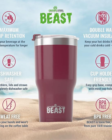 Beast 30 oz Tumbler Stainless Steel Vacuum Insulated Coffee Ice Cup Double Wall Travel Flask (Cranberry Red)