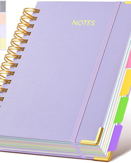 Hardcover Spiral Notebook journal with Removable Dividers Tabs, 300 Pages Leather 5 Subject Notebook College Ruled, 100GMS A5 Notebooks for Work School Note taking,Lined Journal for Women,A5 Purple