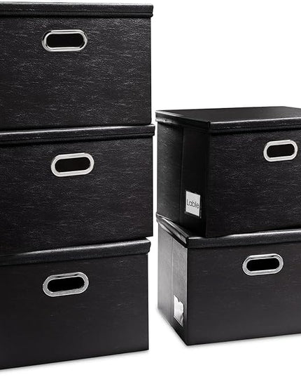 PRANDOM Large Stackable Storage Boxes with Lids [5-Pack] Leather Fabric Foldable Storage Bins Organizer Containers Baskets Cubes with Cover for Bedroom Closet Office Nursery Black(17.7x11.8x11.8)