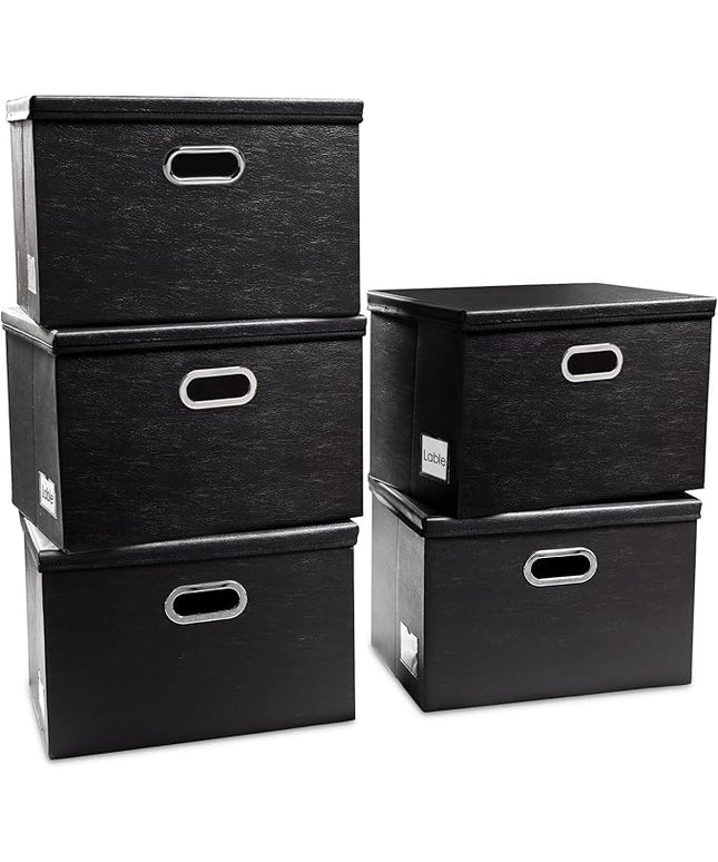 PRANDOM Large Stackable Storage Boxes with Lids [5-Pack] Leather Fabric Foldable Storage Bins Organizer Containers Baskets Cubes with Cover for Bedroom Closet Office Nursery Black(17.7x11.8x11.8)