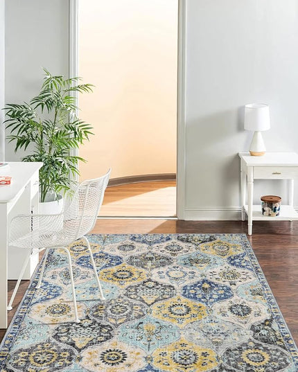 Lahome Moroccan Trellis Washable Small Area Rug, 3x5 Area Rug for Bedroom Living Room, Non-Slip Oriental Accent Throw Carpet for Kitchen Office Entryway Bathroom Office, Yellow/Aqua