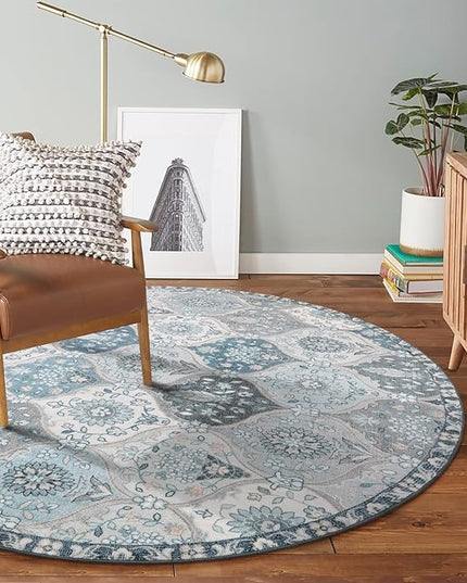 Lahome Moroccan Trellis Washable Round Area Rug, Soft Round Rugs 6ft Ultra-Thin Non-Slip, Vintage Large Circle Carpet for Bedroom Living Room Kitchen Nursery, Blue