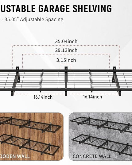 2 Pack Garage Wall Shelves, 46"X 12.5" Garage Shelving Wall Mounted, Heavy Duty Shelf Organizer with 8 Hooks, Black Floating Storage Metal Rack 320 LBS Capacity for Laundry Room, Office, Basement