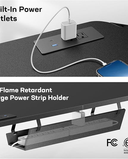 HUANUO 63″ Dual Motor L-Shaped Standing Desk, Built-in Power Outlets, Electric Height Adjustable Corner Computer Desk, Large Power Strip Holder, Sit Stand Up Desk with 3 Preset Heights, Black