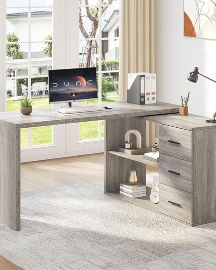 HSH 360° Rotating L Shaped Computer Desk with 3 Drawers and 2 Shelves, Home Office Swivel Desk for Work Writing Study Gaming, Reversible Wood Corner Desk with Storage Cabinet, Light Grey Oak, 55 Inch