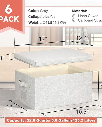 Large 17''x12'' Quart Collapsible Stackable Storage Bins with Lids, 6 Packs Off White Fabric Closet Boxes with Lids, Storage Cube Baskets Container Organizers for Bedroom Office(17''x12.2x''8'')