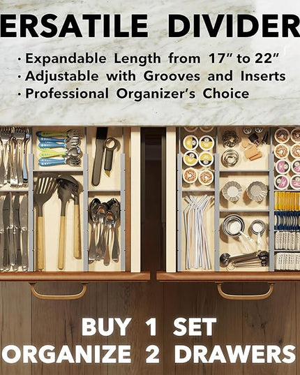 SpaceAid Bamboo Drawer Dividers with Inserts and Labels, Kitchen Adjustable Drawer Organizers, Expandable Organization for Home, Office, Dressers, 10 Dividers with 24 Inserts (17"-22" Gray)