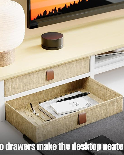 Dual‑Tier Monitor Stand Riser with Drawers, Desktop Organizer Shelf Storage for Computer Screen 2 Monitors, Supports for PC Computer Monitor, Printer, Heavy TV Riser Beige and White