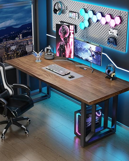 Solid Wood Computer Desk Study Office Desk 55" Writing, Modern Simple Style PC Table, Black Metal Frame, Solid Wood Planks 55" D x 27" W x 29" H for Home Office Bedroom,Rustic Brown