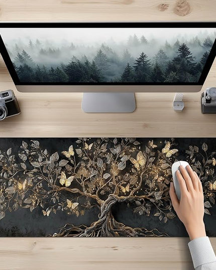Large Mouse Pad Gaming Mousepad 31.5 x 11.8 Inch Keyboard Desktop Mat Diatomite XL Mouse Pad for Home and Office Desk Accessories with Golden Tree Butterfly Glow Artwork Diatomite