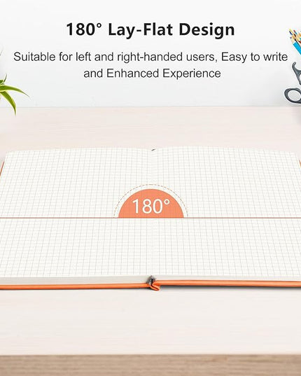 RETTACY Graph Grid Paper Notebook, 192 Pages, A5 Medium Size (5.7'' x 8.3''), 5 Squares per Inch, Leather Hardcover, 100 GSM Thick Paper, for School, Students, Math, Engineering (Orange)