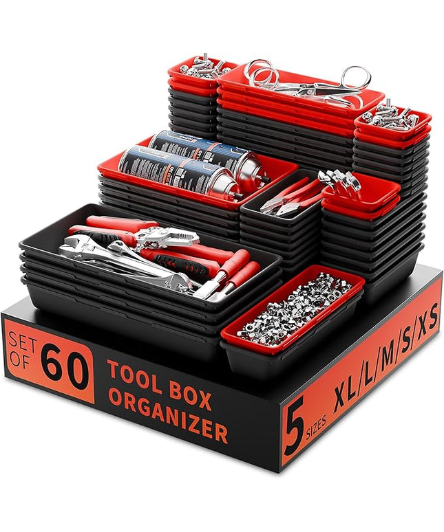 Tool Box Organizer Tray, Toolbox Desk Drawer Organizer, Tool Box Tray, Toolbox Organization Storage for Rolling Tool Chest (60PCS (Black+Red))