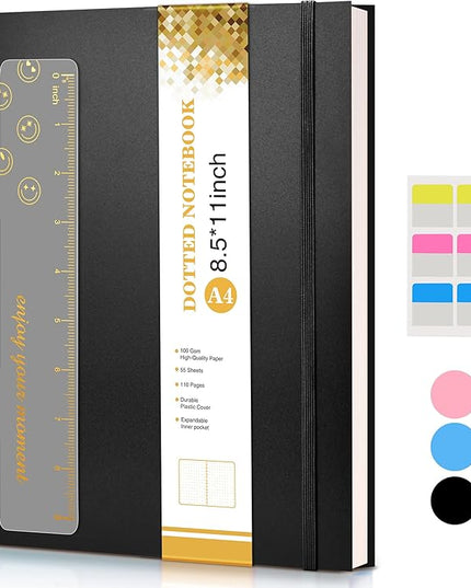 Dotted Notebook, Spiral Notebook Journal 8.5” x 11”, A4 Large Dot Grid Notebooks for Women Men, 100 GSM Dotted Paper, Plastic Hardcover Spiral Bullet Journals for Work School Sketching, Black