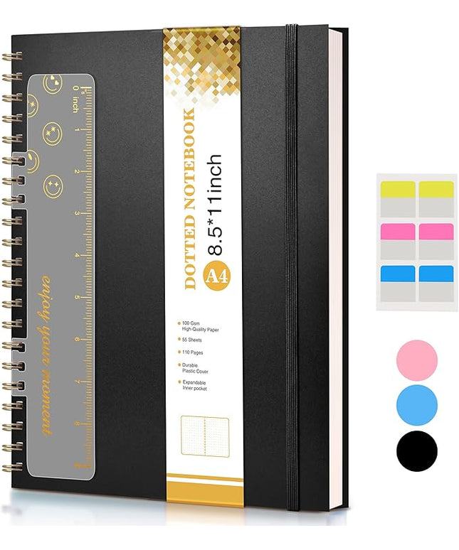 Dotted Notebook, Spiral Notebook Journal 8.5” x 11”, A4 Large Dot Grid Notebooks for Women Men, 100 GSM Dotted Paper, Plastic Hardcover Spiral Bullet Journals for Work School Sketching, Black