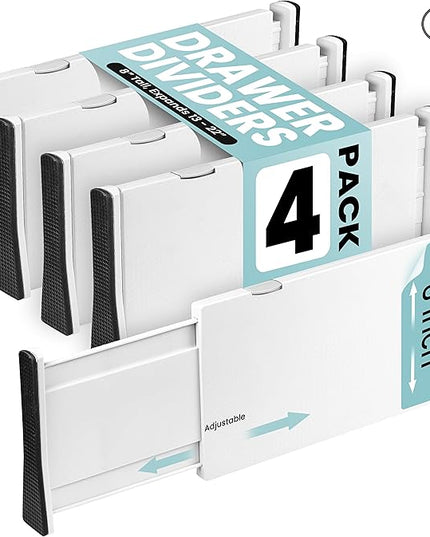 RAPTUROUS Adjustable Drawer Dividers, 8" Tall, Expandable 13.35-22", 4-Pack, Non-Slip for Deep Drawers in Kitchen, Bedroom, and Closet (White)