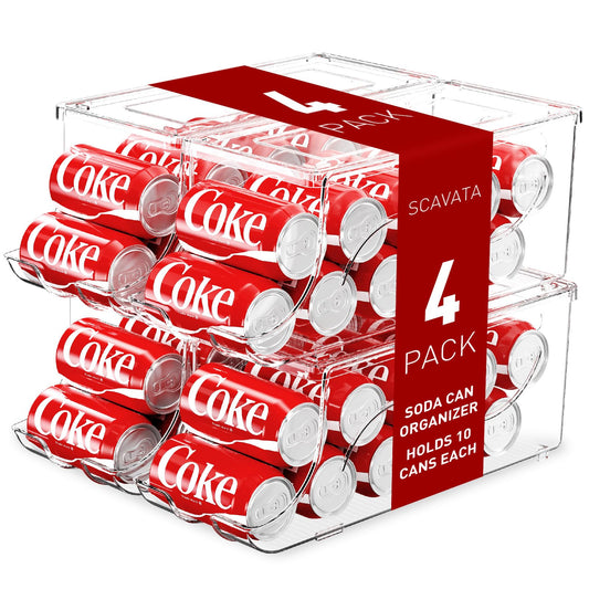 SCAVATA 4 Pack Stackable Refrigerator Organizer, Soda Can Dispenser Pop Cans Container Beverage Holder with Lid for Fridge, Freezer, Kitchen, Clear Plastic Storage Bins-Holds 10 Cans Each