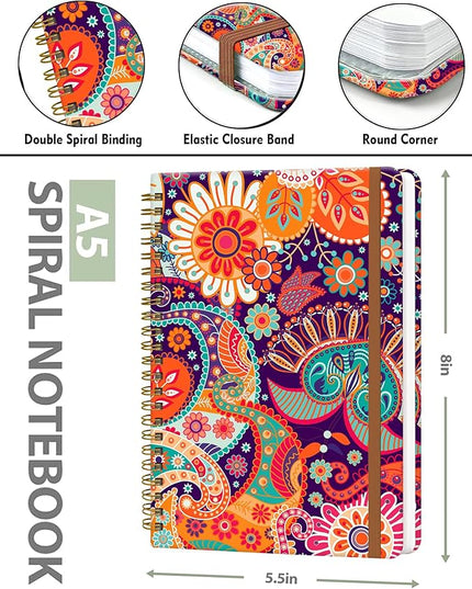 Spiral Journal Notebook for Women, Hardcover A5 College Ruled Notebook, 120 Pages, Thick Paper, Cute Lined Journal for School, Office & Work, 6 x 8.4 in(Red Orange Boho Floral)