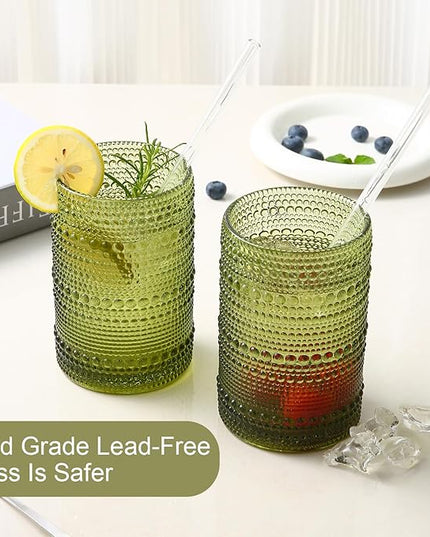 Vintage Glassware Drinking Glasses Set of 6,15 oz Hobnail Glass Cups,Embossed Green Water Tumbler,for Beer,Cocktail,Whiskey,Juice and Various Mixed Drinks- 1 Cleaning Brush