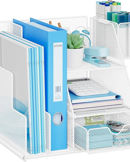 Marbrasse Desk Organizer and Accessories, 3-Tier File Organizer with Drawer and Pen Holder, Small Desktop Organizer and Storage for Workspace Office Supplies White
