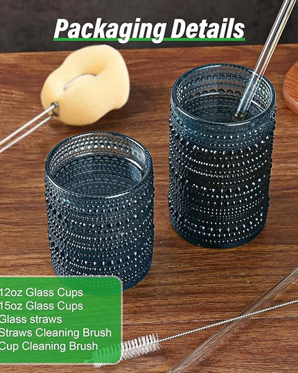 Vintage Glassware Drinking Glasses Set of 12,Blue 12oz & 15oz Hobnail Glass Cups,Embossed Water Tumbler,for Beer,Cocktail,Whiskey,Juice and Various Mixed Drinks- 1 Cleaning Brush