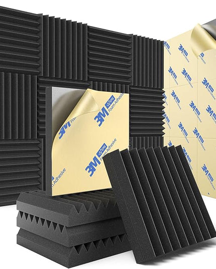 12 Pack Sound Proof Foam Panels for Wall with Self Adhesive, 2" X 12" X 12" High Density Acoustic Panels Sound Absorbing Quick-Recovery, Wedges Soundproof Wall Panels for Gaming & Studio Decor - Black