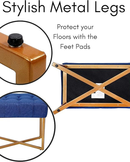BIRDROCK HOME Rectangular Tufted Foot Stool Ottoman with Soft Padded Cushion - Versatile Vanity Chair for Bedroom, Living Room, Bathroom - Compact Seating for Adults - Blue with Pale Gold Metal Legs