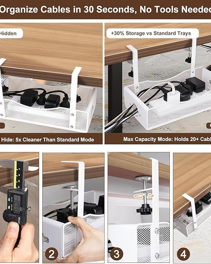 Extra Wide Under Desk Cable Management - No Drill Installation Cable Management Tray, Modern Cord Organizer for Office/Home Desk, Fits Power Strips & Wires((White, XL)