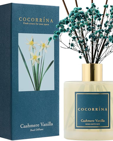 COCORRÍNA Reed Diffuser - Cashmere Vanilla 17 Fl.oz Reed Diffuser with 8 Sticks Scented Diffuser with Preserved Flowers for Bathroom Home Decor