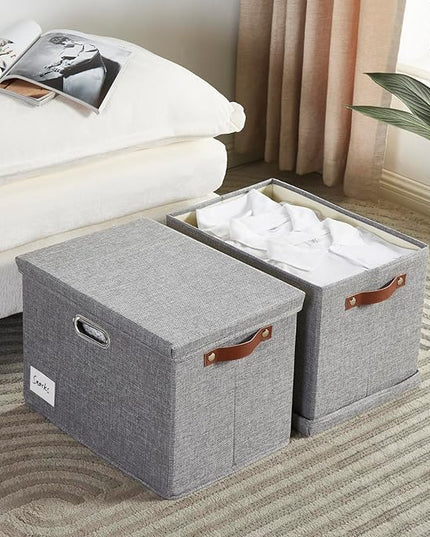 17" Large Collapsible Storage Bins with Lids, Stackable Closet Organizers with PU Handle and Labels, 3-Pack Decorative Fabric Storage Boxes for Home, Bedroom, Closet, Office, Nursery(Gray)