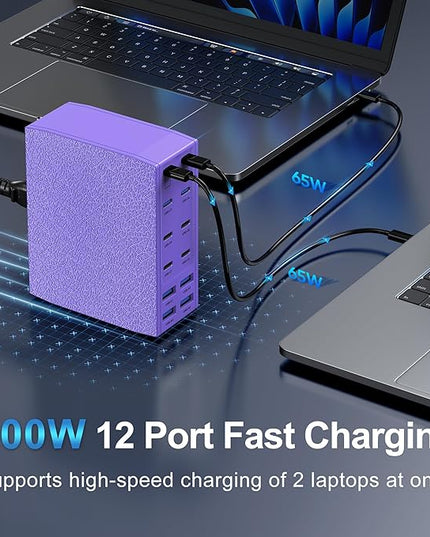 500W USB C Charger Block, 12-Port USB C Charging Station for Multiple Devices, Leather Texture Dual PD 65W Laptop Fast Charger Compatible with MacBook Pro/Air, iPad, iPhone,Galaxy and More,Purple