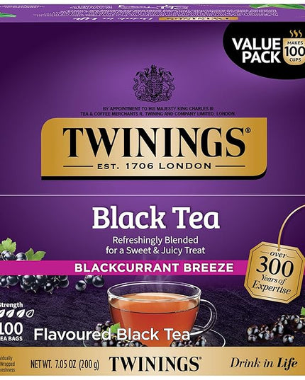 Twinings Blackcurrant Breeze Black Tea Individually Wrapped Bags, 100 Count (Pack of 1), Sweet, Tangy Taste, Caffeinated, Enjoy Hot or Iced, 100 Teabags