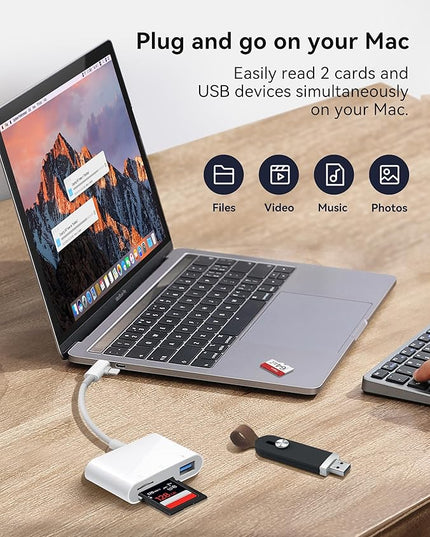 SD Card Reader for iPhone, SD Card Adapter with Lightening & USB C Dual Connectors Plug&Play Supports microSD, SD and USB-A OTG, Portable Trail Camera Memory Reader for iPhone Mac MacBook iPad