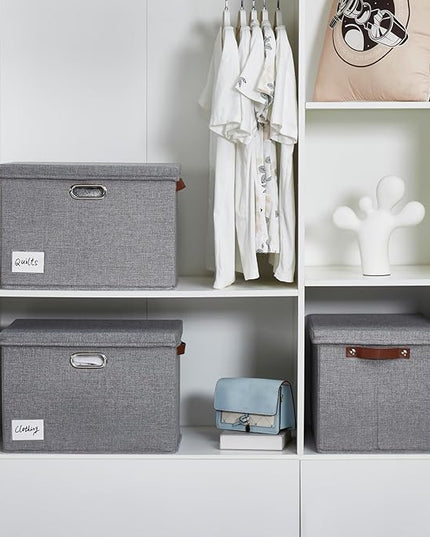 17" Large Collapsible Storage Bins with Lids, Stackable Closet Organizers with PU Handle and Labels, 3-Pack Decorative Fabric Storage Boxes for Home, Bedroom, Closet, Office, Nursery(Gray)