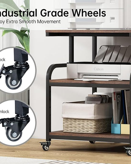 23.6" Deep Extra Large Printer Stand, 3 Tier Printer Table with Adjustable Storage Shelf, Rolling Printer Cart with Industrial Wheels for Home Office, Rustic Brown