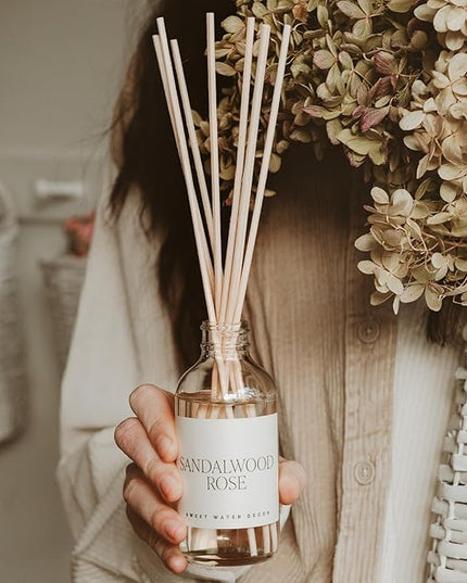 Sweet Water Decor Sandalwood Rose Reed Diffuser Set - Rose, Wood, Amber, Vanilla, & Musk Scented Diffusers - Scent Diffusers for Home, Long Lasting Fragrance, Made in The USA