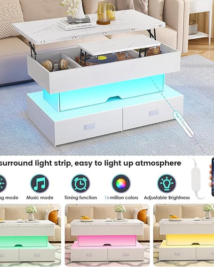 Turosur 40" Lift Top Coffee Table, Coffee Tables with Storage and 4 Drawer, Coffee Table with Lifting top with LED Lights for Living Room Home Office