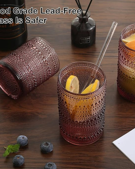 Vintage Glassware Drinking Glasses Set of 12,Purple 12oz & 15oz Hobnail Glass Cups,Embossed Water Tumbler,for Beer,Cocktail,Whiskey,Juice and Various Mixed Drinks- 1 Cleaning Brush