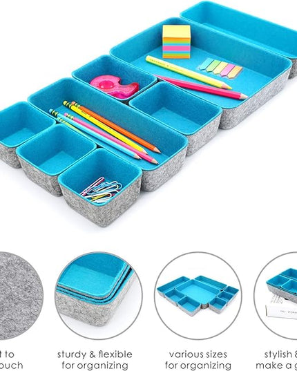Welaxy desk drawer organizer tray felt storage bin for home office entryway catchall key holder makeup crafts pens decluttering 8-piece gift Solution (Turquoise)